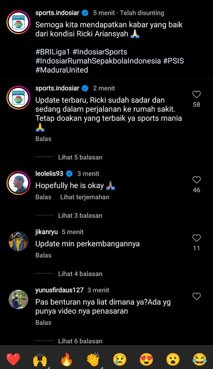 Unggahan dari akun Sports.Indosiar soal kondisi terkini pemain Madura United, Ricki Ardiansyah.