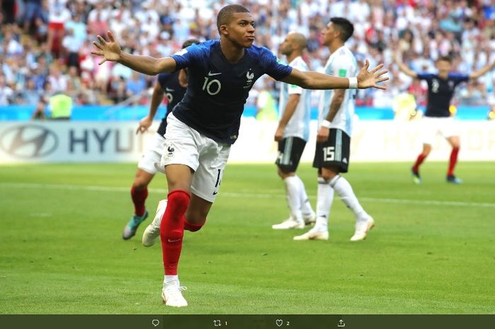 Aksi striker timnas Prancis, Kylian Mbappe, saat menjebol gawang timnas Argentina pada babak 16 besar Piala Dunia 2018.