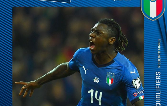 Selebrasi penyerang muda Italia, Moise Kean usai mencetak gol debut ke gawang Finlandia dalam laga kualifikasi Piala Eropa 2020 grup J di Stadion Friuli, Udine, Italia, Sabtu (23/3/2019) atau Minggu dini hari WIB. 