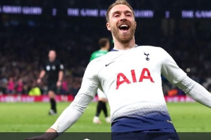 Selebrasi Christian Eriksen usai cetak gol ke gawang Brighton &amp; Hove Albion pada lanjutan laga Liga Inggris, Selasa (23/4/2019)