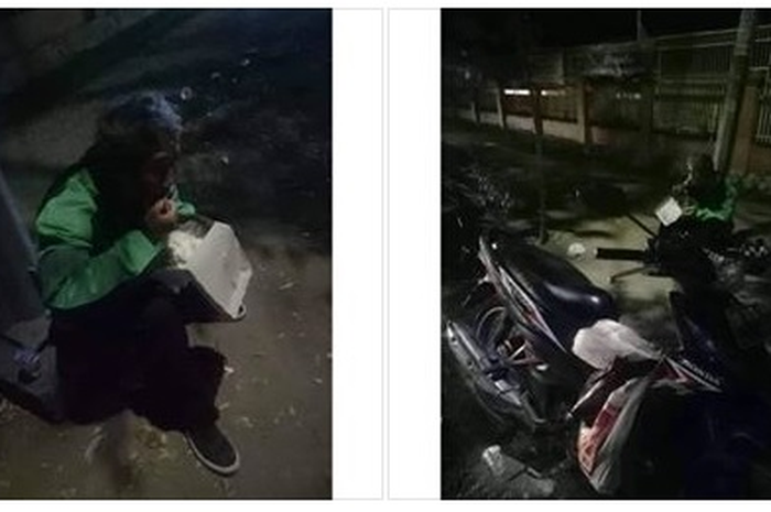 Dengan menu seadanya, seorang driver ojek online menyantap sahur di pinggir jalan
