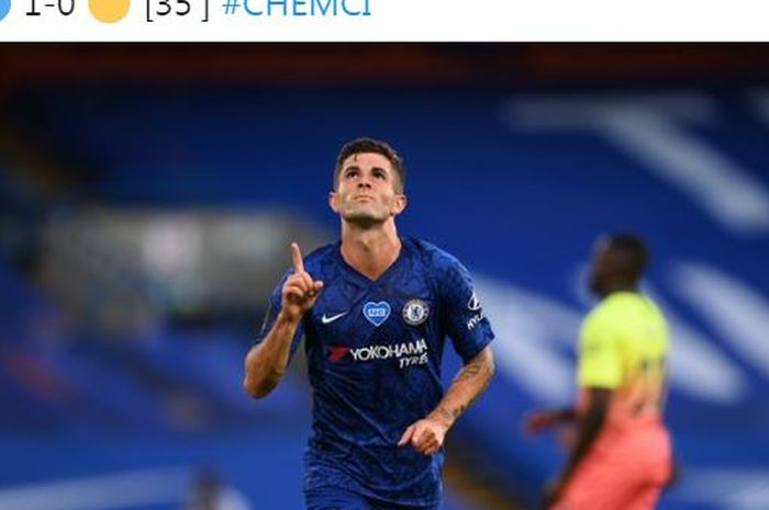 Winger Chelsea, Christian Pulisic, merayakan gol yang dicetak ke gawang Manchester City dalam laga Liga Inggris di Stadion Stamford Bridge, Kamis (25/6/2020).