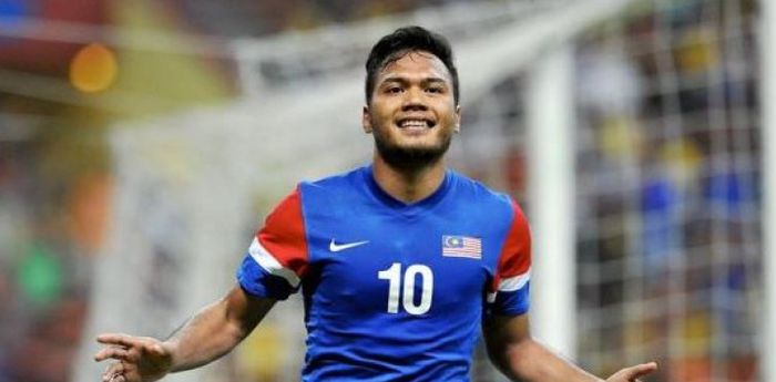 Penyerang Timnas Malaysia, Safee Sali usai membobol gawang Timnas Indonesia di ajang Piala AFF 2010.