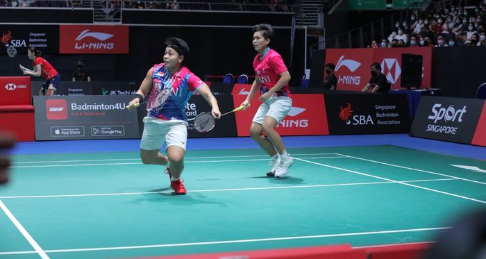 Ganda putri Indonesia, Apriyani Rahayu/Siti Fadia Silva Ramadhanti pada babak semifinal Singapore Open 2022, Sabtu (16/7/2022)