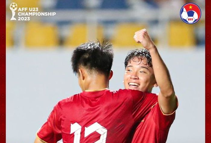 Timnas U-23 Vietnam merayakan gol ke gawang Filipina di Piala AFF U-23 2023.