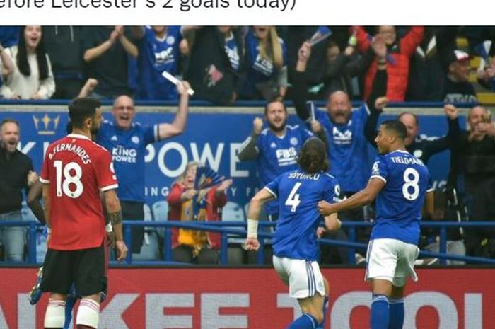 Bek Leicester City, Caglar Soyuncu, merayakan gol ke gawang Manchester United dalam laga Liga Inggris di Stadion King Power, Sabtu (16/10/2021).