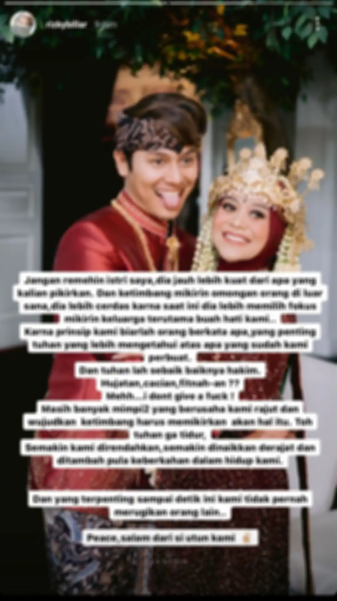 Rizky Billar tuliskan pesan ini untuk netizen di Tanah Air.