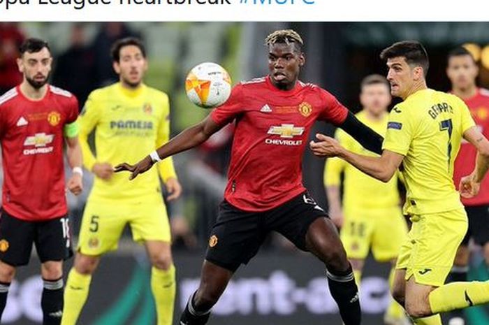 Gelandang Manchester United, Paul Pogba, beraksi dalam laga final Liga Europa kontra Villarreal di Stadion Gdansk, Rabu (26/5/2021).