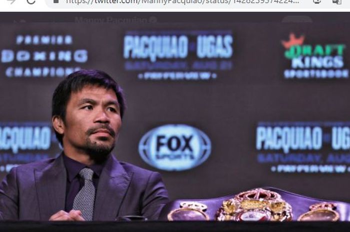 Manny Pacquiao saat menghadiri konferensi pers menjelang laga melawan Yordenis Ugas pada Rabu (18/8/2021).