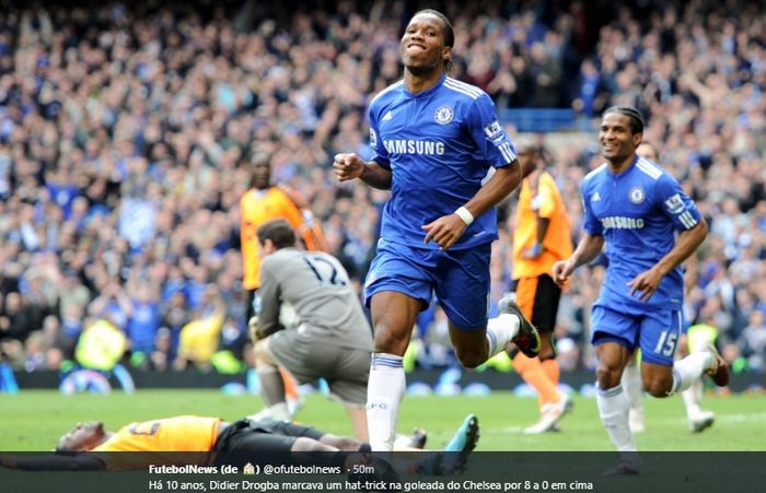 Penyerang Chelsea, Didier Drogba, merayakan gol ketiganya pada laga kontra Wigan Athletic di Stamford Bridge, 9 Mei 2010 lalu.