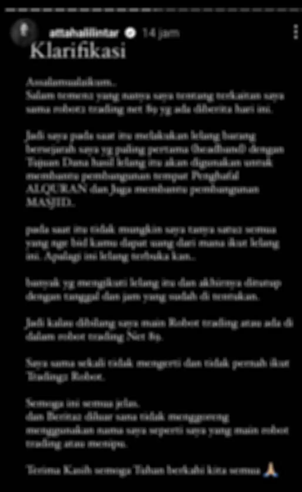 Klarifikasi Atta Halilintar soal dugaan kasus investasi bodong robot trading Net89 yang menyeret namanya.