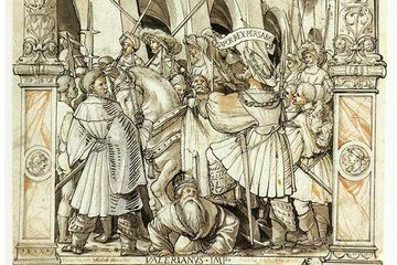 Lukisan yang memperlihatkan Shapur I yang menjadikan tubuh Kaisar Romawi Valerian sebagai tumpuan untuk menaiki kuda setiap hari.