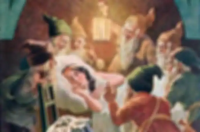 Putri Salju yang terlelap dikelilingi tujuh kurcaci. Kisah legendaris Putri Salju tampak lebih sadih dalam versi Brothers Grimm.