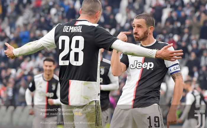 Selebrasi Leonardo Bonucci setelah mencetak gol ke gawang Udinese pada laga Juventus Vs Udinese, Minggu (15/12/2019).