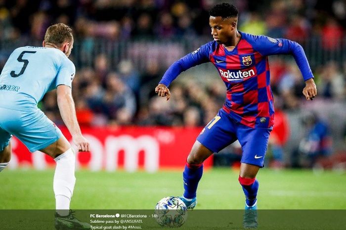 Aksi penyernag Barcelona, Ansu Fati, dalam laga kotra Slavia Praha pada Selasa (5/11/2019).