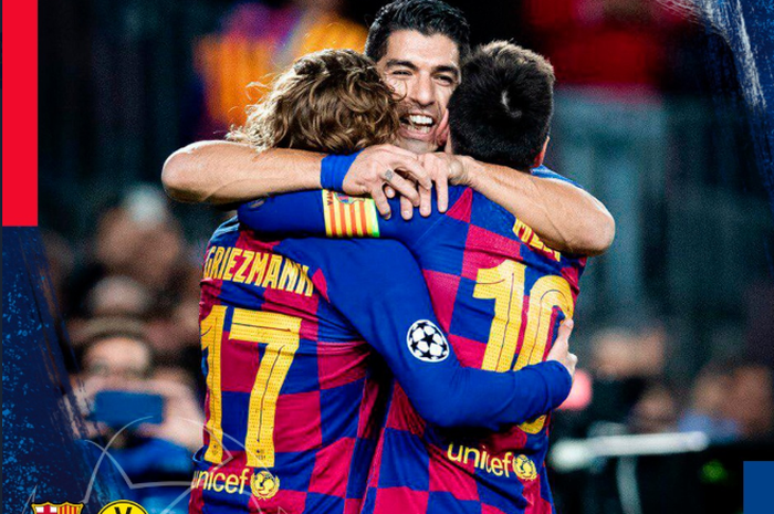 Trio Lionel Messi, Luis Suarez, dan Antoine Griezmann mencetak gol saat Barcelona mengalahkan Borussia Dortmund pada matchday 5 Liga Champions, Rabu (27/11/2019), di Camp Nou.