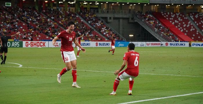 Elkan Baggott saat mencetak gol ke gawang Malaysia (19/12/2021). 