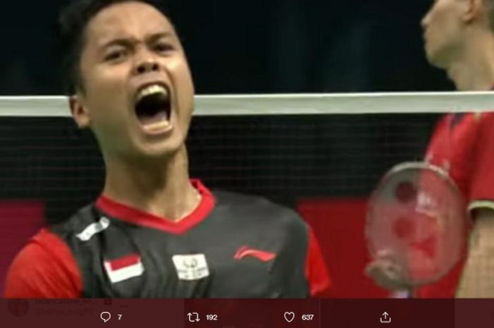 Auman Anthony Sinisuka Ginting usai membekuk Zhao Junpeng di babak perempat final Piala Thomas 2022, Kamis (12/5/2022).