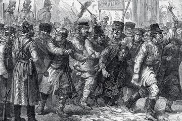 Ilsutrasi pogrom atau pembantaian orang-orang Yahudi saat wabah hitam di Eropa.