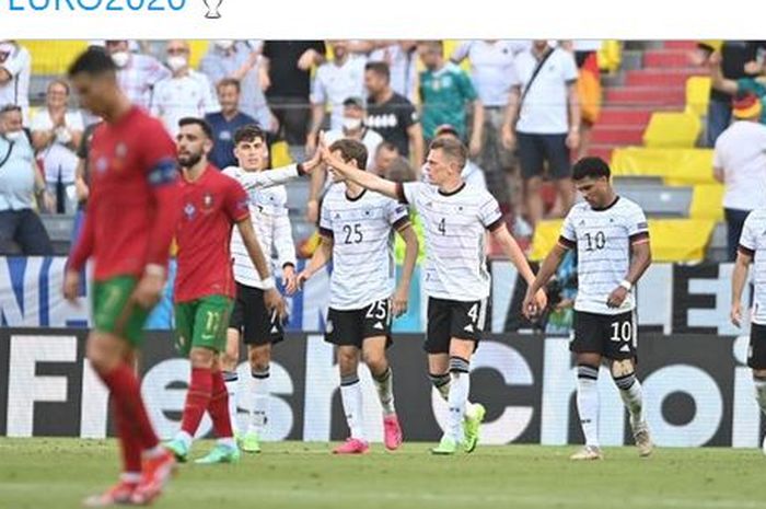 Para pemain timnas Jerman merayakan gol ke gawang timnas Portugal dalam laga Grup F EURO 2020 di Stadion Football Arena, Sabtu (19/6/2021).