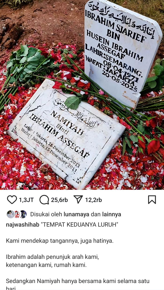 Suami Najwa Shihab, Ibrahim Assegaf dimakamkan satu liang lahat dengan putrinya, Namiyah.