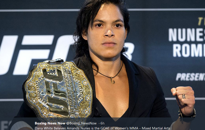 Petarung UFC wanita, Amanda Nunes. Dia dijuluki GOAT (Greatest of all Time) oleh Dana White selaku presiden UFC.