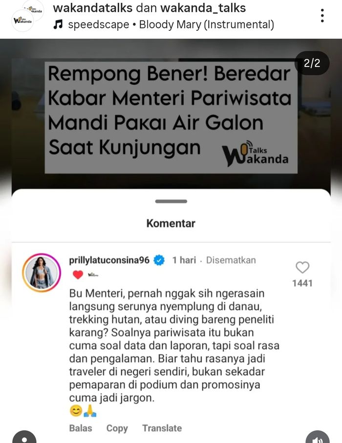 Prilly Latuconsina kritik keras Menteri Pariwisata, Widiyanti Putri Wardhana yang disebut mandi air galon saat dinas.