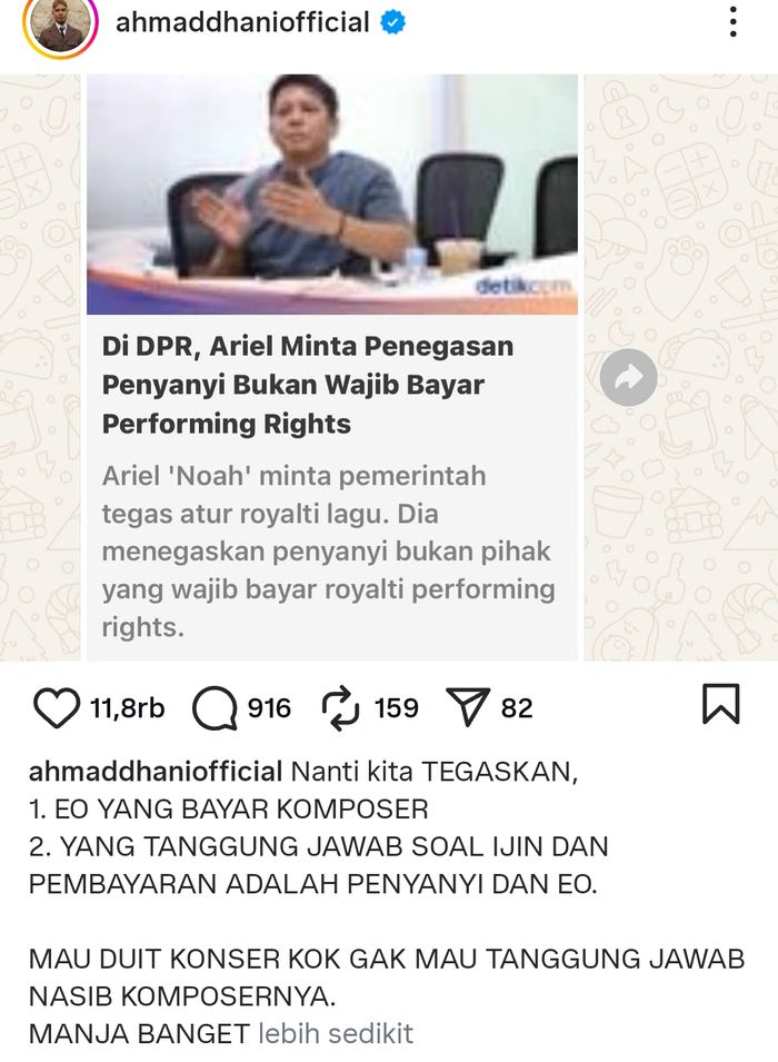 Ariel NOAH ngotot penyanyi tak perlu bayar royalti, Ahmad Dhani langsung beri sindiran.