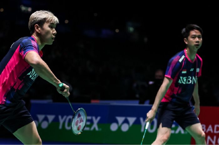 Marcus Fernaldi Gideon dan Kevin Sanjaya Sukamuljo di All England 2022.