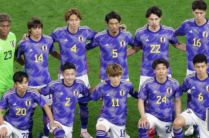 Skuad Timnas Jepang kala berhadapan dengan Tunisia di sebuah pertandingan persahabatan, Selasa (17/10/2023).