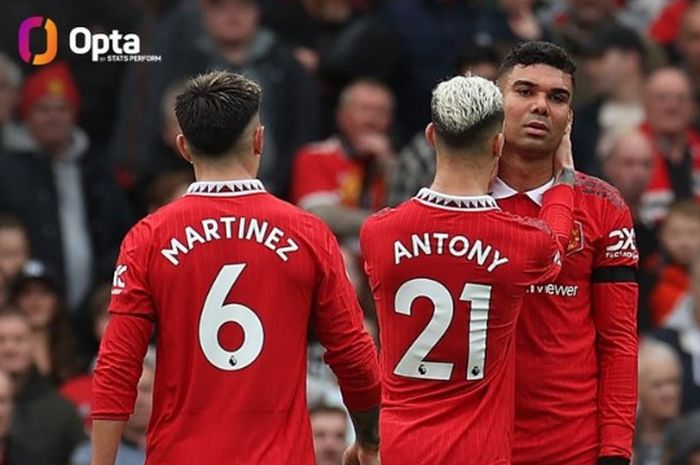 Pelatih Manchester United, Erik ten Hag, menggugat konsistensi wasit Liga Inggris setelah Casemiro (kanan) mendapat kartu merah melawan Southampton pada lanjutan Liga Inggris 2022-2023, Minggu (12/3/2023). 