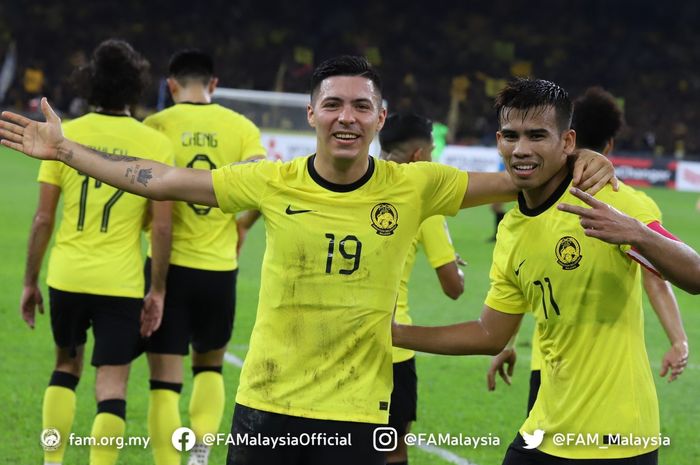 Pemain timnas Malaysia, Sergio Aguero, melakukan selebrasi setelah mencetak gol ke gawang Laos, Sabtu (24/12/2022).