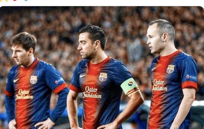 Lionel Messi, Xavi Hernandez, dan Andres Iniesta sama-sama berseragam Barcelona.