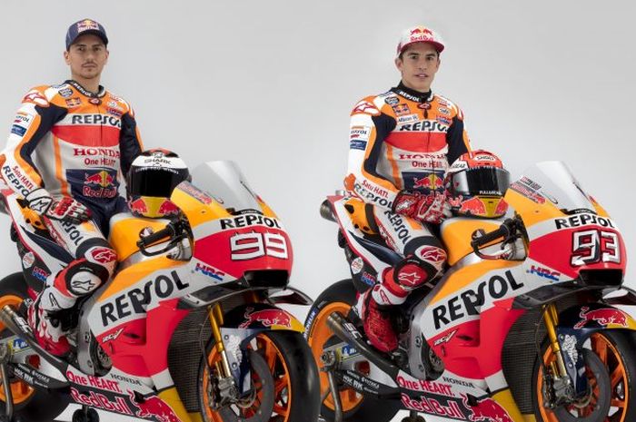 Duo pembalap tim Repsol Honda, Marc Marquez dan Jorge Lorenzo.