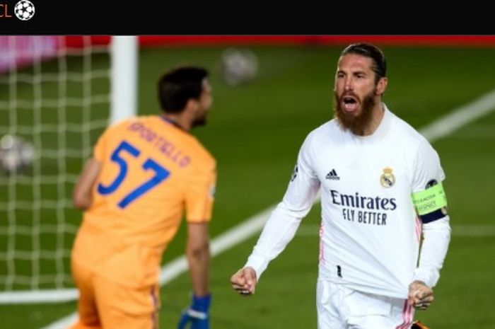 Sergio Ramos turut menyumbang satu gol dalam kemenangan 3-1 Real Madrid atas Atalanta pada laga leg kedua babak 16 besar Liga Champions 2020-2021.