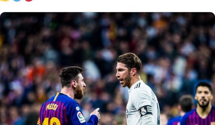 Lionel Messi (kiri), berdebat dengan Sergio Ramos dalam laga el clasico antara Barcelona dan Real Madrid