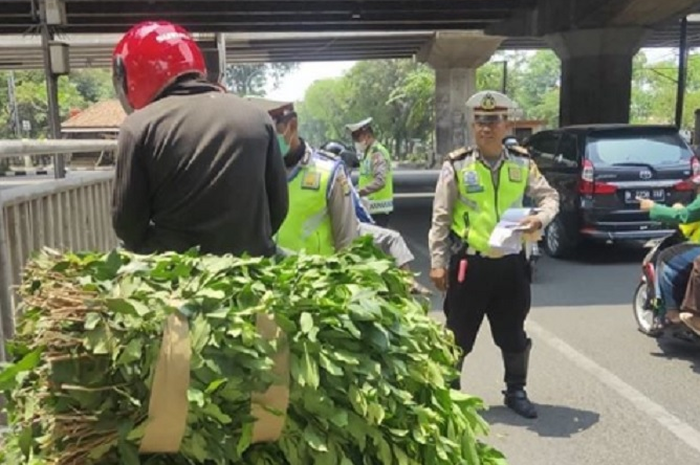Pemotor membawa barang melebihi kapasitas ditilang polisi di Pasar Minggu, Jaksel pada Kamis (19/9/2019).