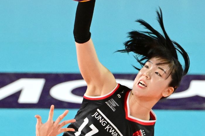 Middle blocker Daejeon JungKwanJang Red Sparks, Jung Ho-young, saat melepaskan spike ketika laga menghadapi Gwangju AI Peppers Savings Bank pada Liga Voli Korea, Kamis, 11 Januari 2024