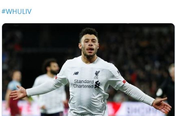 Selebrasi Alex Oxlade-Chamberlain usai mencetak gol ke gawang West Ham di lanjutan Liga Inggris, Rabu (29/1/2020) atau Kamis dini hari WIB.