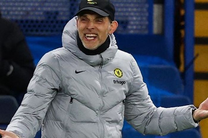 Reaksi Thomas Tuchel dalam duel Liga Champions antara Chelsea vs Real Madrid di Stamford Bridge, London (6/4/2022).