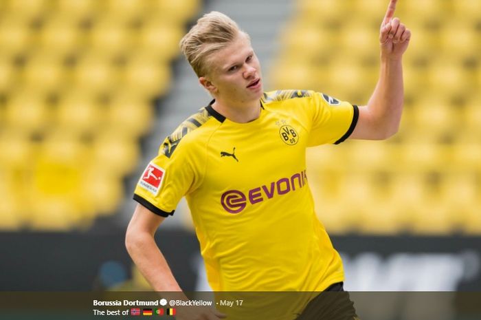 Penyerang Borussia Dortmund, Erling Haaland, melakukan selebrasi.