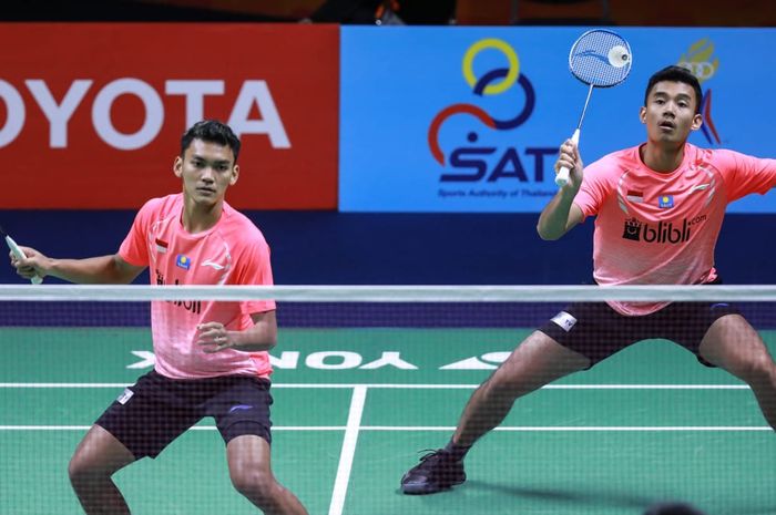 Ganda putra Indonesia,  Bagas Maulana/Muhammad Shohibul Fikri saat berlaga pada babak kualifikasi Thailand Masters 2020, Selasa (21/1/2020)