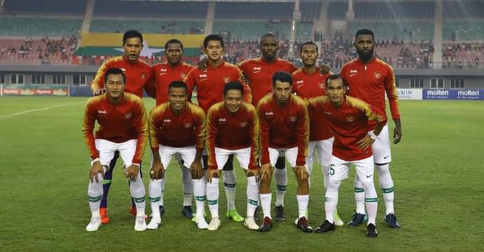 Skuat timnas Indonesia pada laga uji coba kontra timnas Myanmar di Stadion Mandalarthiri, Mandalay, Myanmar, Senin (25/3/2019).