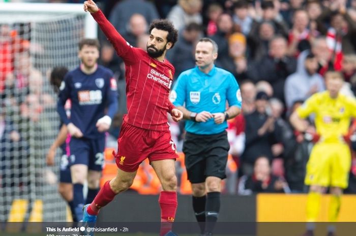 Selebrasi Mohamed Salah usai menjebol gawang Bournemouth di Stadion Anfield, Sabtu (7/3/2020) dalam lanjutan pertandingan Liga Inggris pekan ke-29.