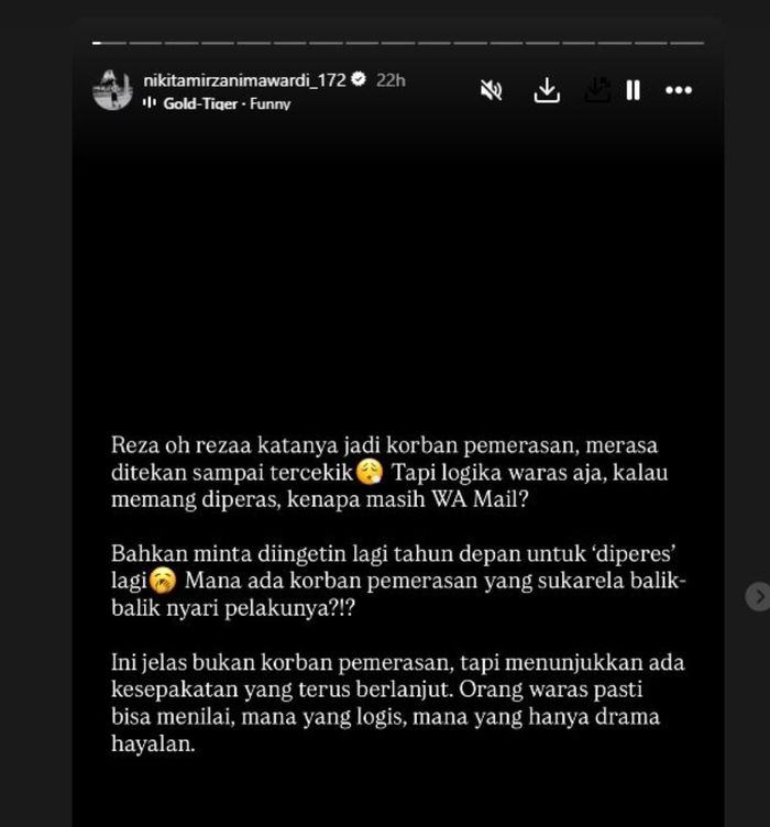 Nikita Mirzani langsung sindir Reza Gladys usai saksi ahli sebut tak ada unsur pemerasan dalam kasus yang menjeratnya.
