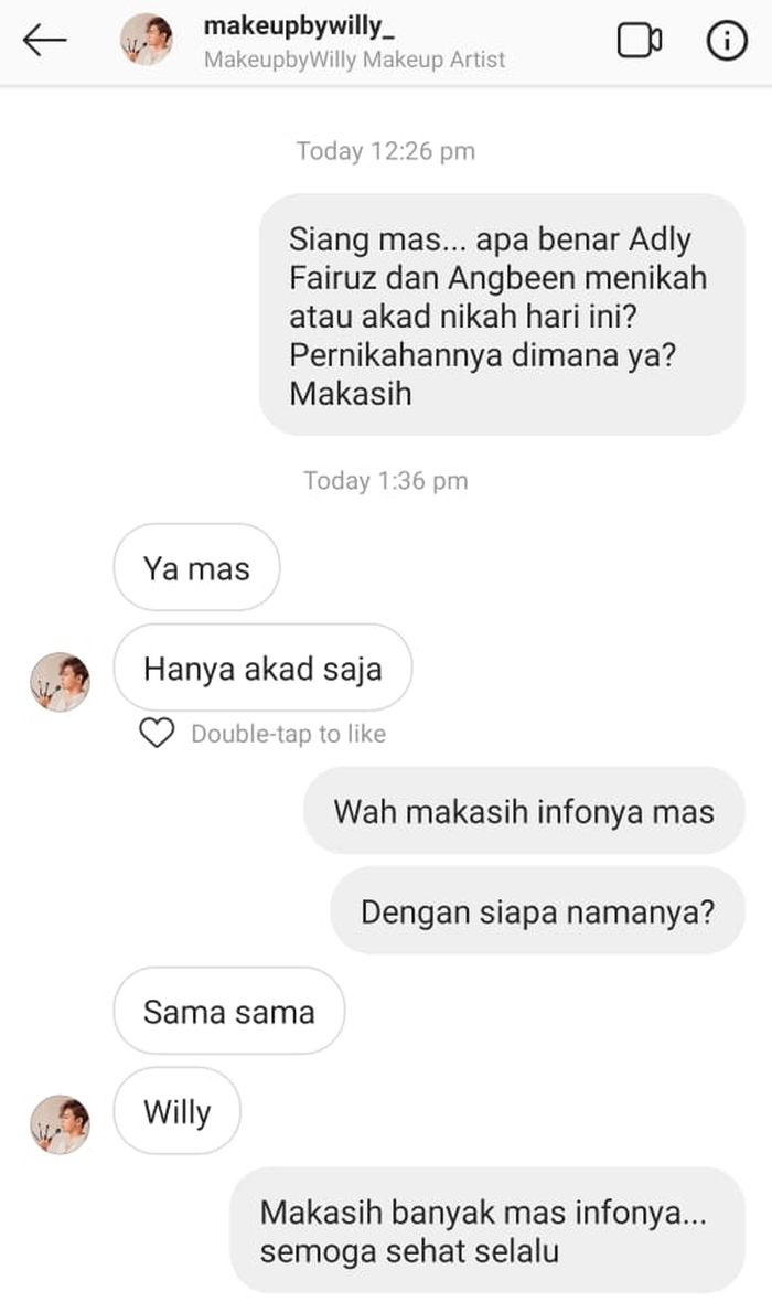 Make Up Artist, Willy benarkan Angbeen Rishi telah resmi menikah dengan Adly Fairuz.