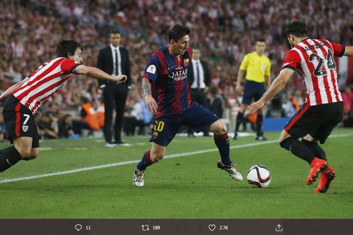 Penyerang Barcelona, Lionel Messi, dikepung pemain Athletic Bilbao dalam partai final Copa del Rey 2015 di Camp Nou, Barcelona.