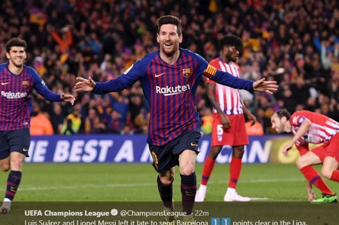 Megabintang Barcelona, Lionel Messi, merayakan gol yang dicetak ke gawang Atletico Madrid dalam laga Liga Spanyol di Stadion Camp Nou, Sabtu (6/4/2019).