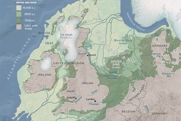 Peta yang menunjukkan keberadaan Doggerland yang menggabungkan Inggris Raya, Irlandia, dengan Benua Eropa selama periode glasial terakhir.