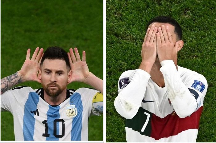 Cristiano Ronaldo (kanan) gagal menyusul Lionel Messi lolos ke semifinal Piala Dunia 2022.